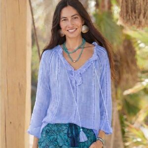 Sundance Purple Blue Artis Top Long Sleeve Size L Ruffle Tassel Tie Eyelet
